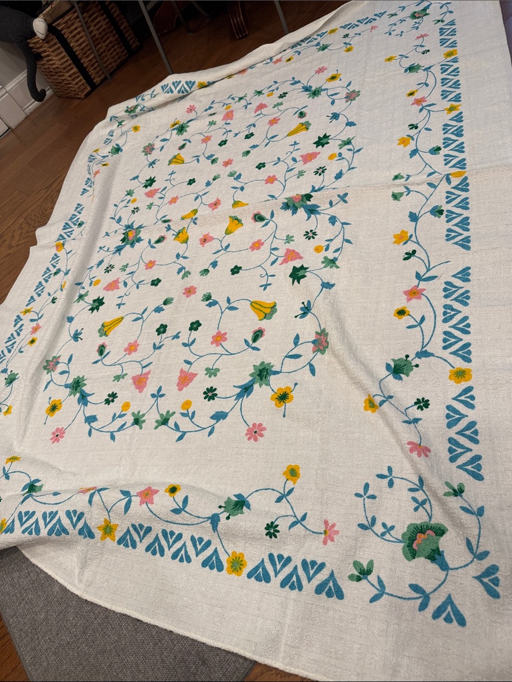 Embroidered Floral Tablecloth - Blue, Green, Yellow, Pink on Cream. 69”x51”